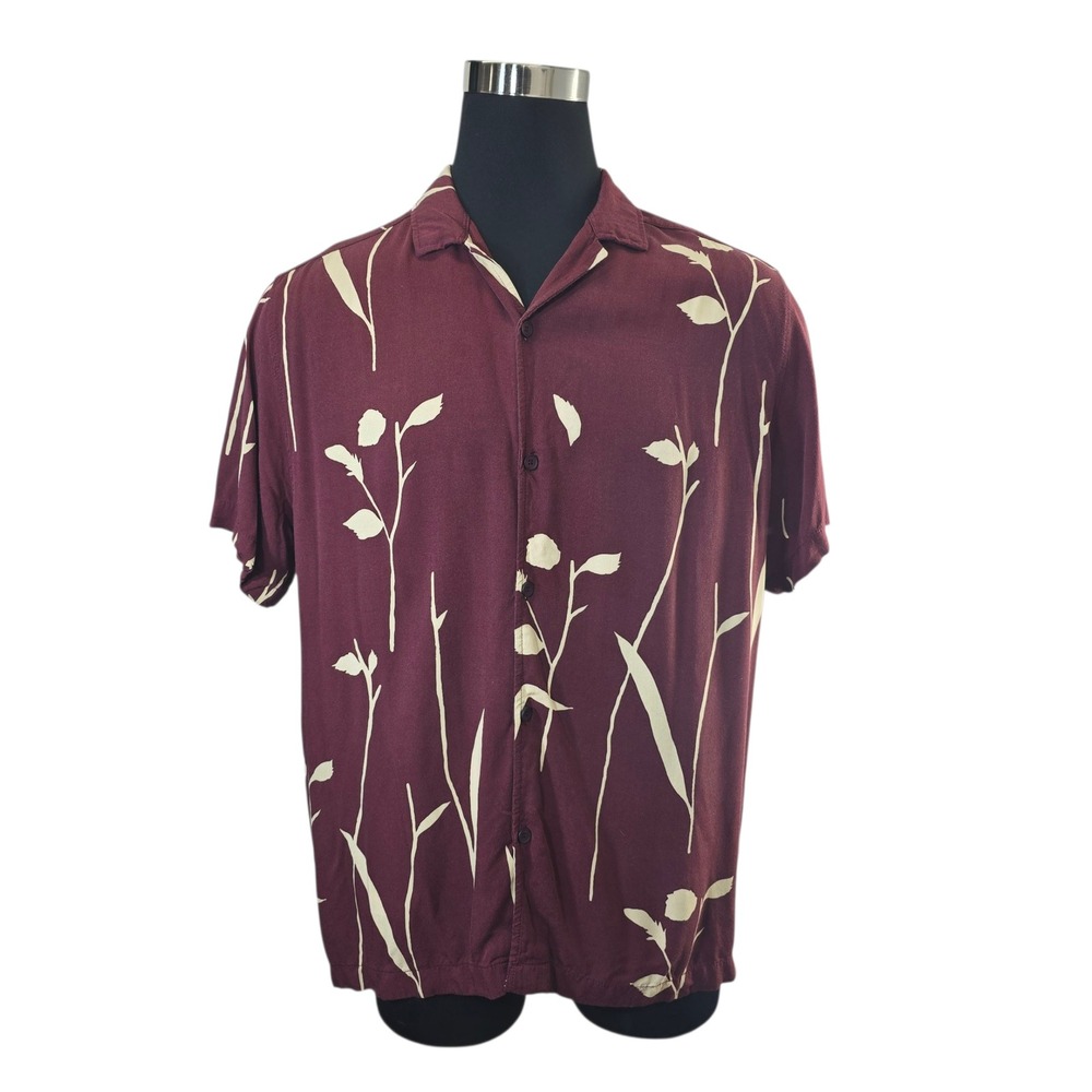Level Ten Mens XL Burgundy Floral Print Short Sleeve Button Up Shirt Rayon‎